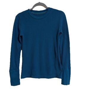 SUNDANCE Womens Blue Long Sleeve Waffle Knit Henley Top S Velvet Snap Cuff